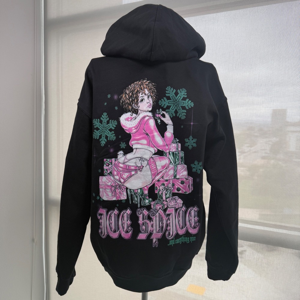 Ice Spice Holiday Hoodie Black Pink Graphic Pullover Sweatshirt Medium